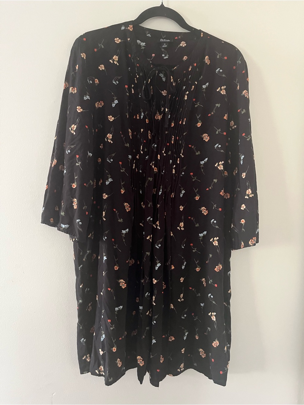 a.n.a Black Floral Pintuck Tunic Mini Dress XL Cottagecore Office Casual Career